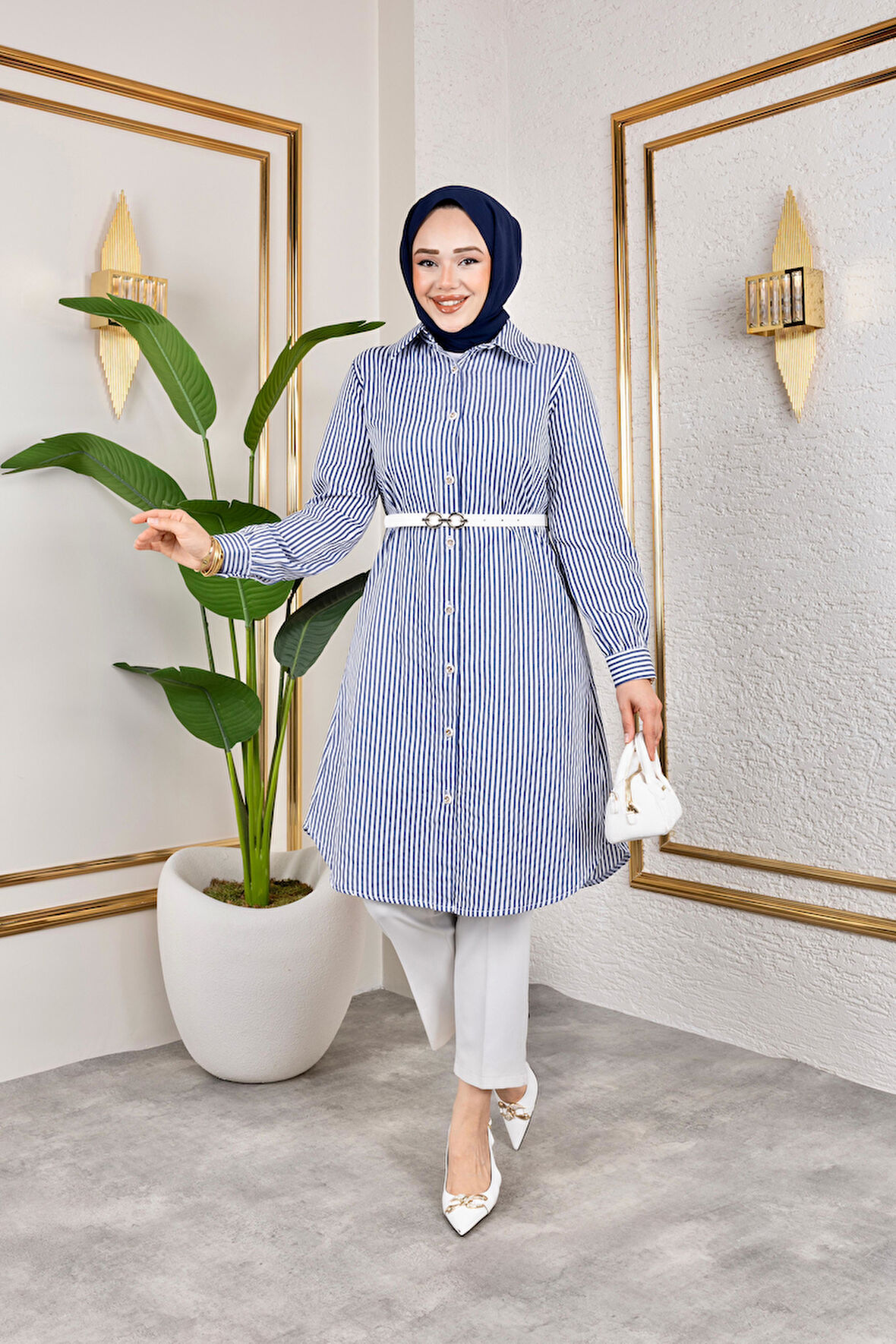 Kemerli Çizgili Keten Gömlek