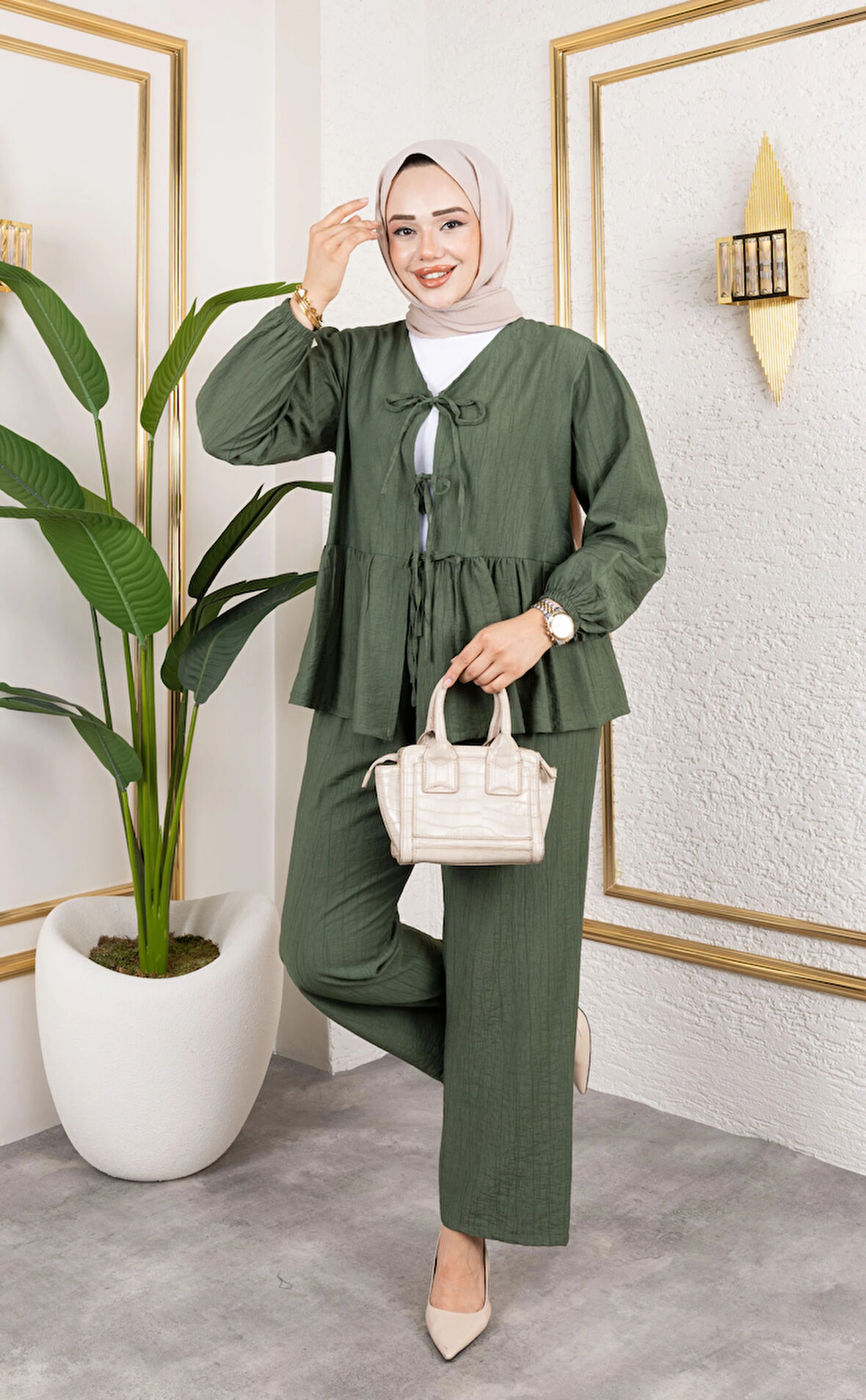 Kadın Bağlamalı Çilek Kumaş Haki İkili Takım