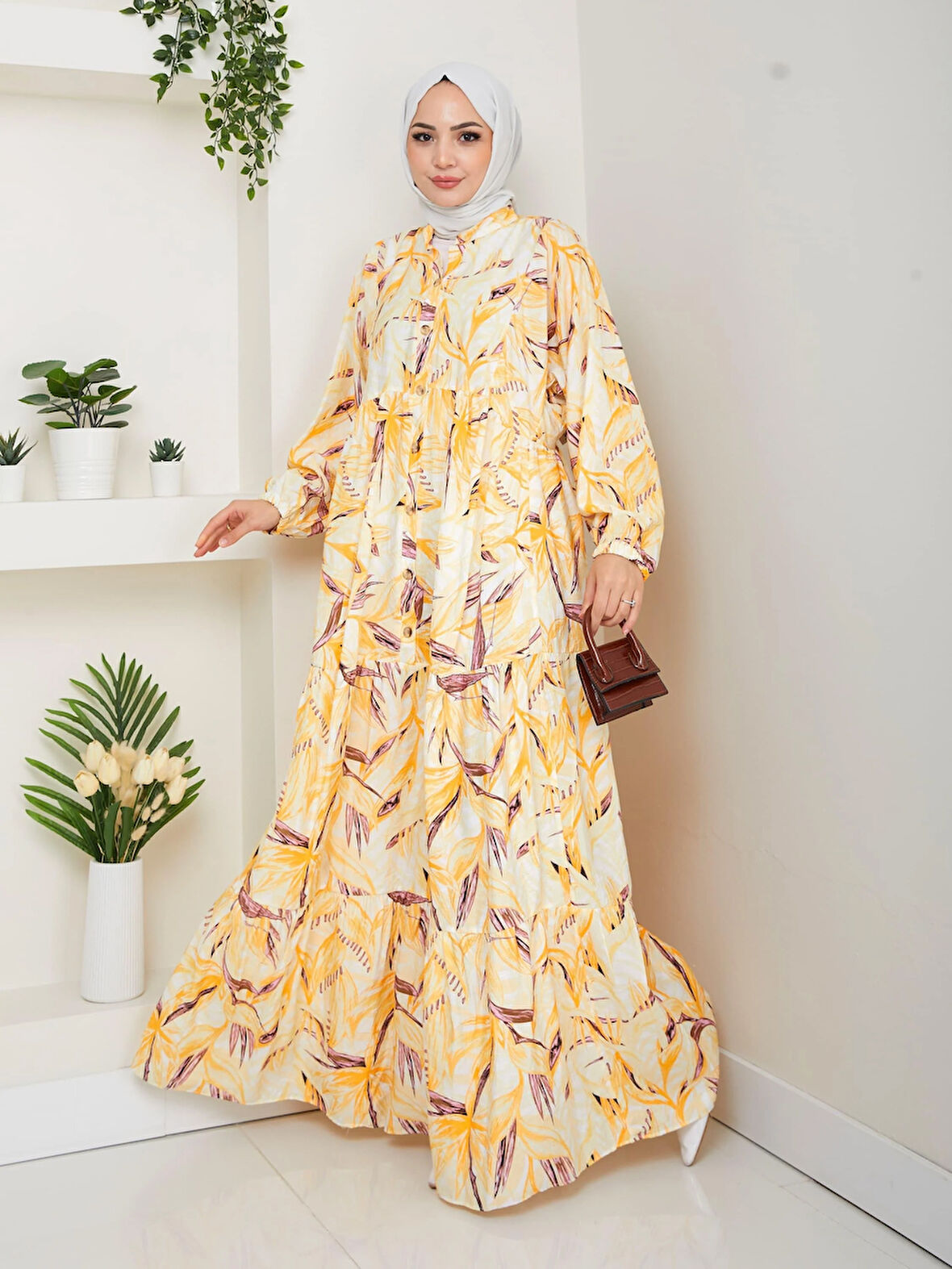 Kadın Düğmeli Desenli Modal Sarı Elbise