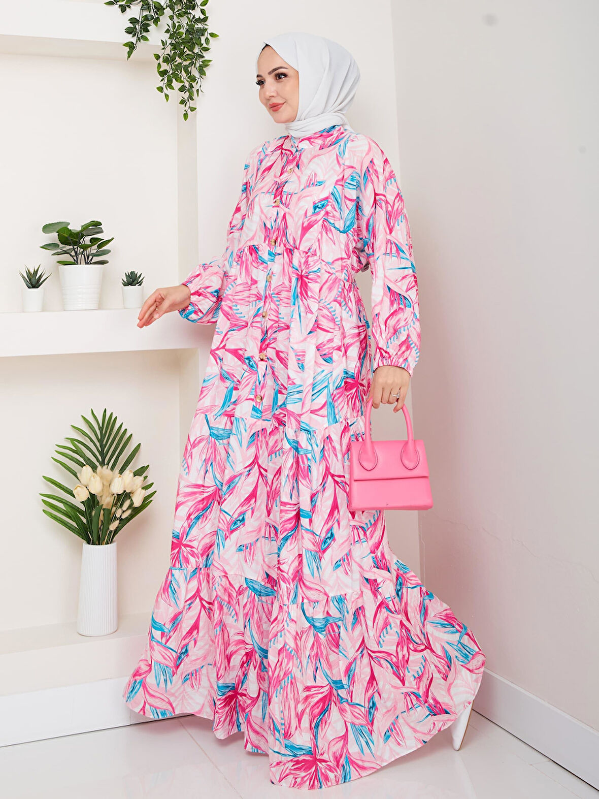 Kadın Düğmeli Desenli Modal Kırmızı Elbise