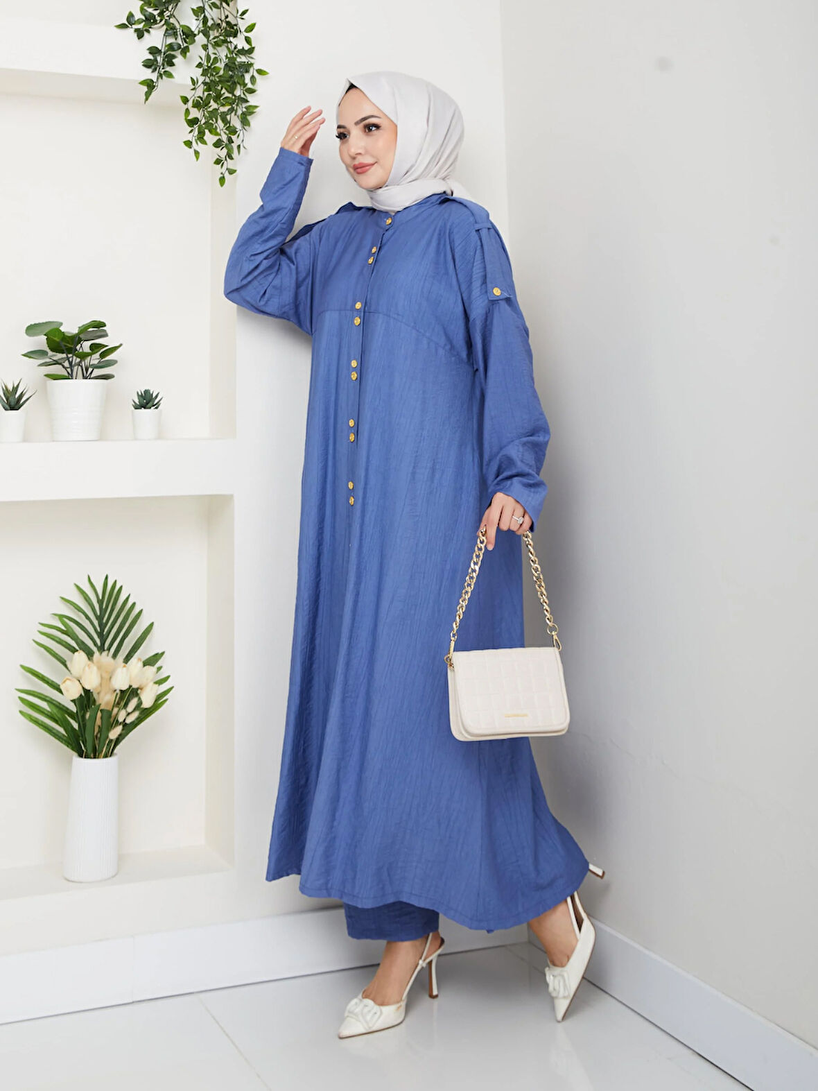 Kadın Düğmeli Çilek Kumaş Mavi İkili Takım