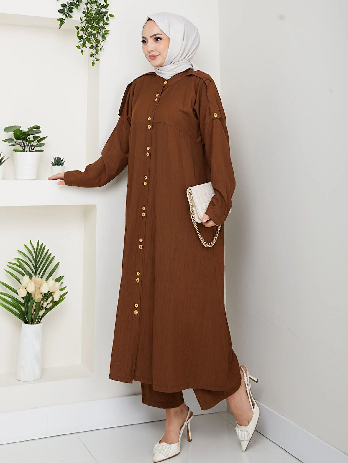 Kadın Düğmeli Çilek Kumaş Kahverengi İkili Takım