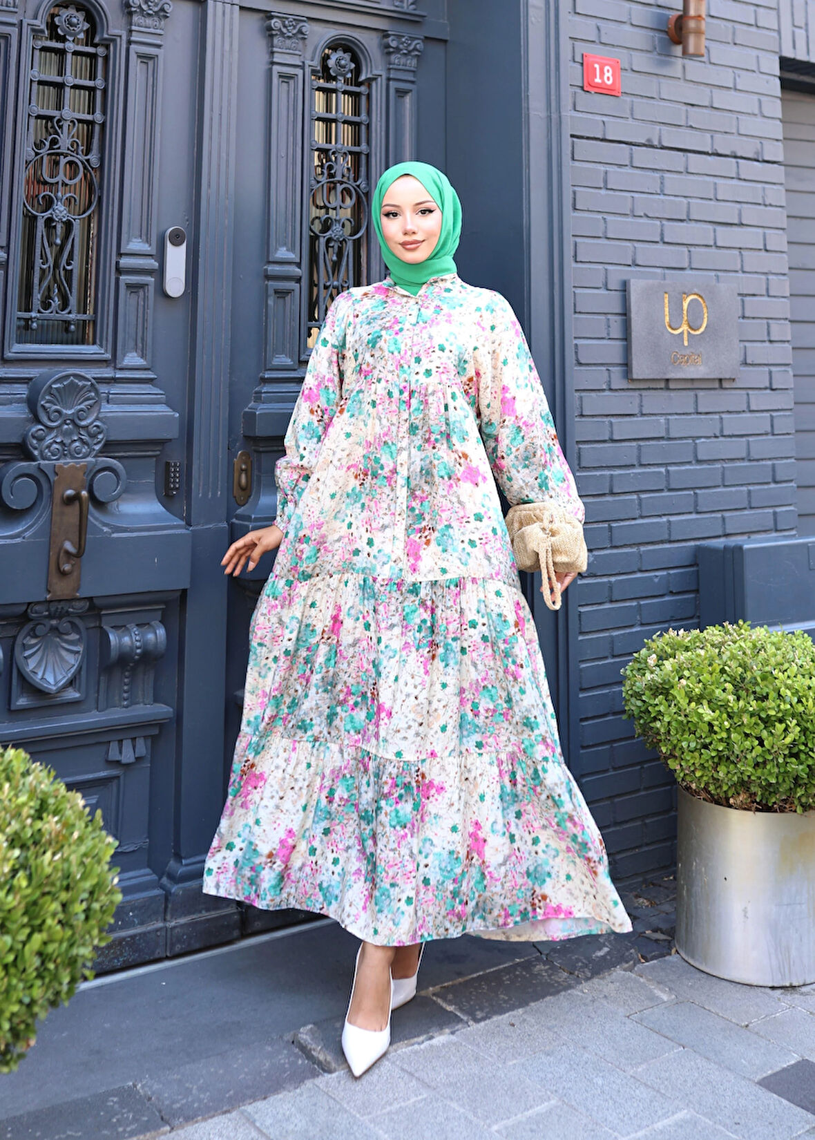 Kadın Rahat Kalıp Düğmeli Desenli Modal Elbise