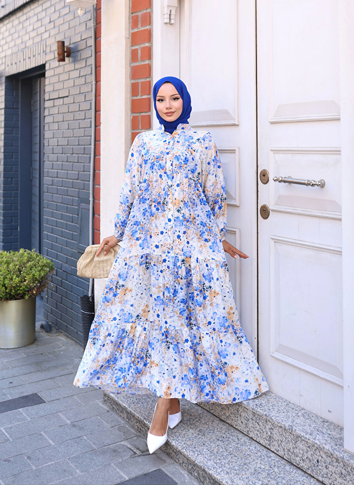 Kadın Rahat Kalıp Düğmeli Desenli Modal Elbise