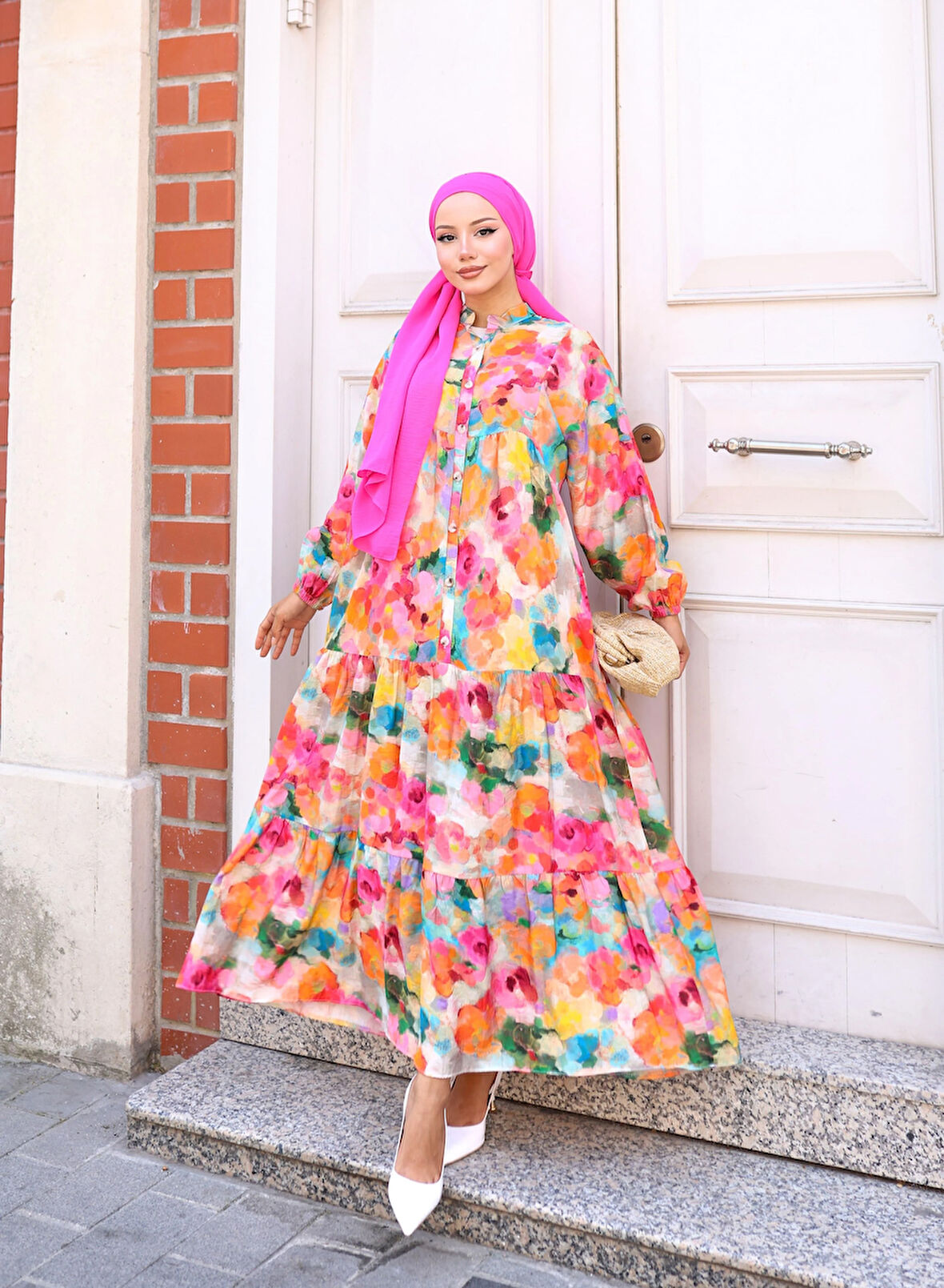 Kadın Rahat Kalıp Düğmeli Desenli Modal Elbise