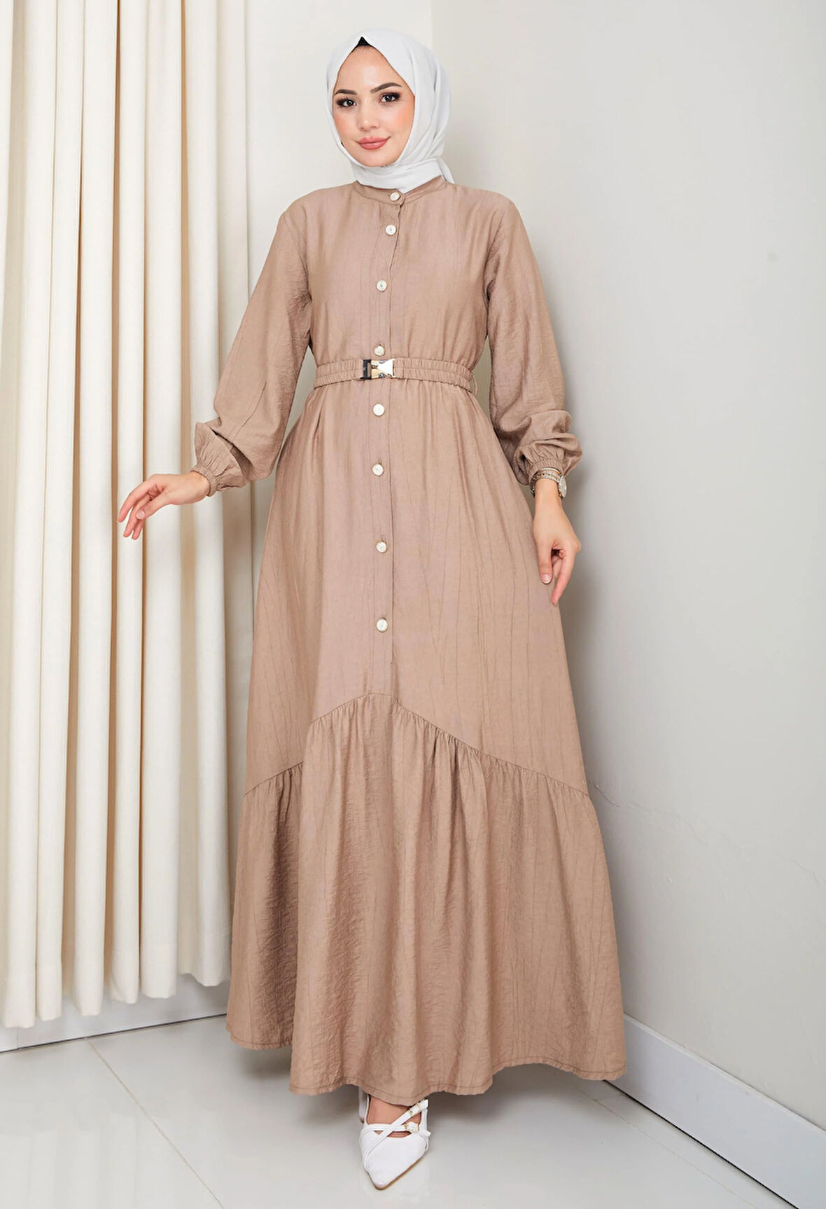 Kadın Beli Kemerli Düğme Detaylı Çilek Kumaş Bej Elbise
