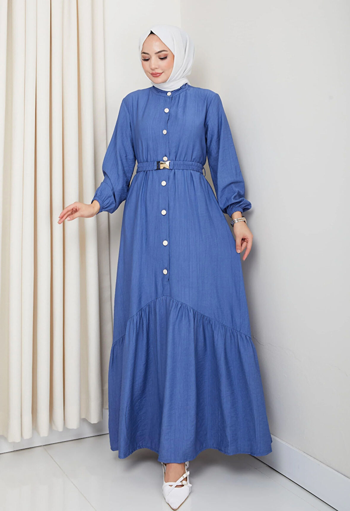 Kadın Beli Kemerli Düğme Detaylı Çilek Kumaş Mavi Elbise