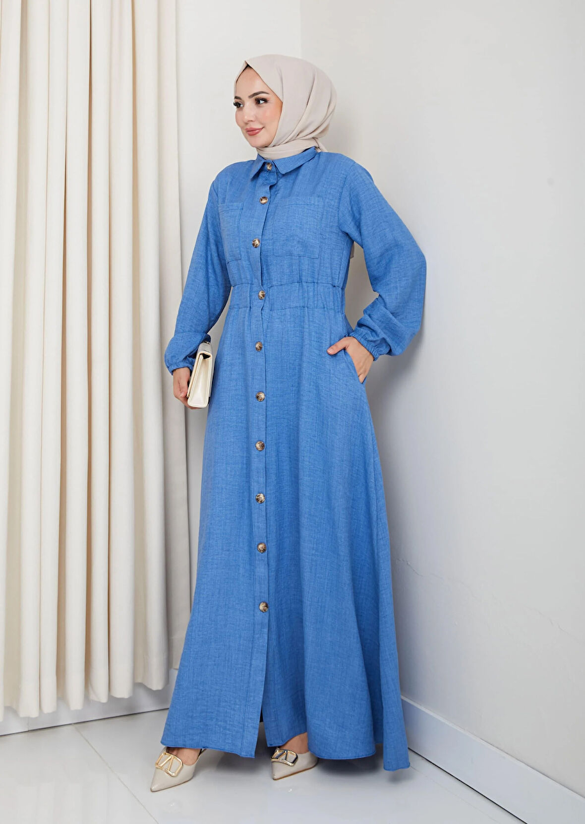 Kadın Cep Detaylı Düğmeli Kuşaklı Mavi Keten Elbise