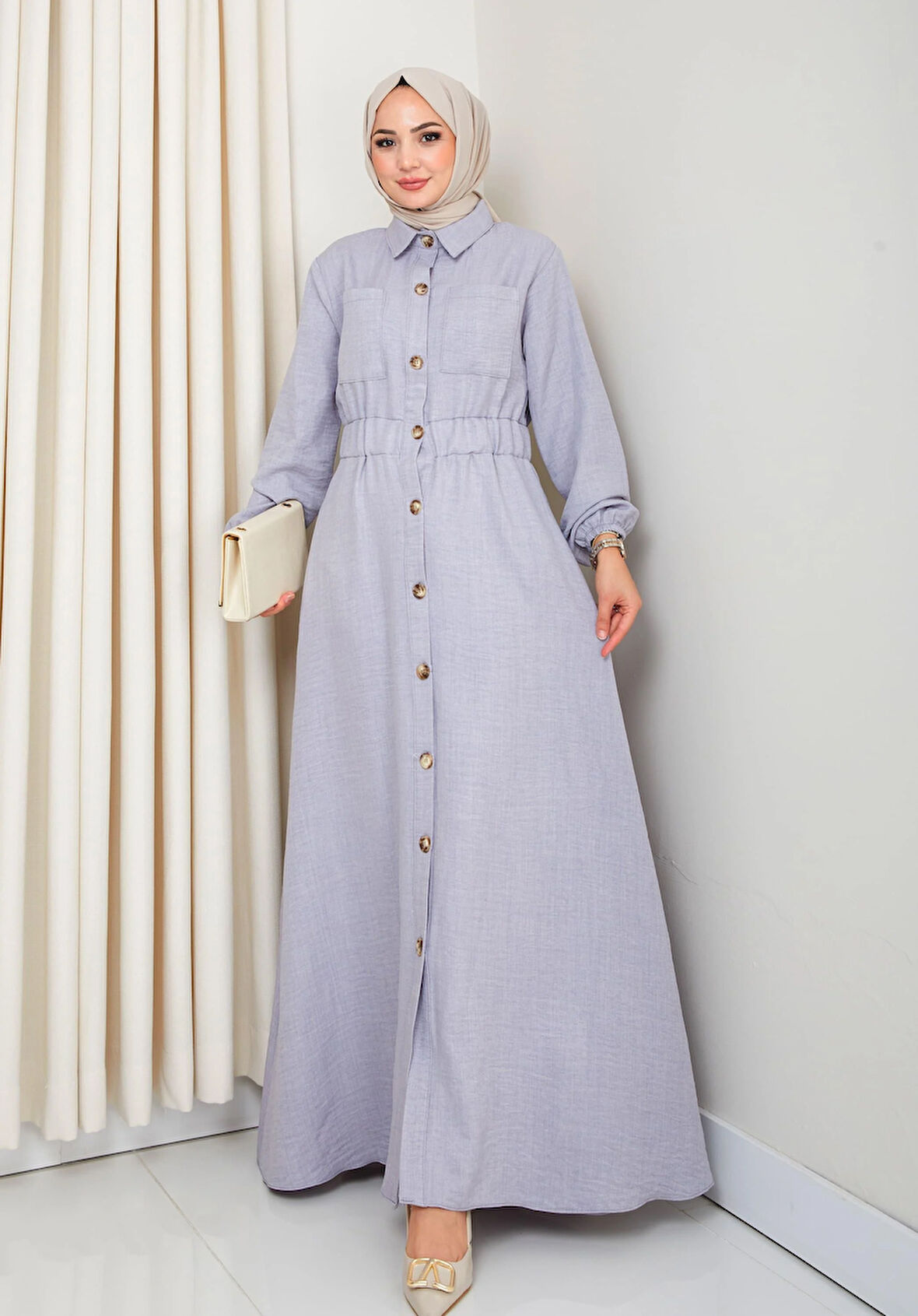 Kadın Cep Detaylı Düğmeli Kuşaklı Gri Keten Elbise