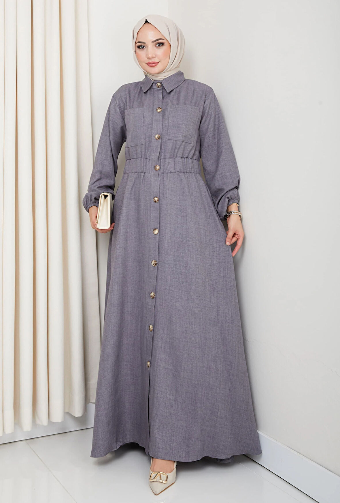 Kadın Cep Detaylı Düğmeli Kuşaklı Füme Keten Elbise