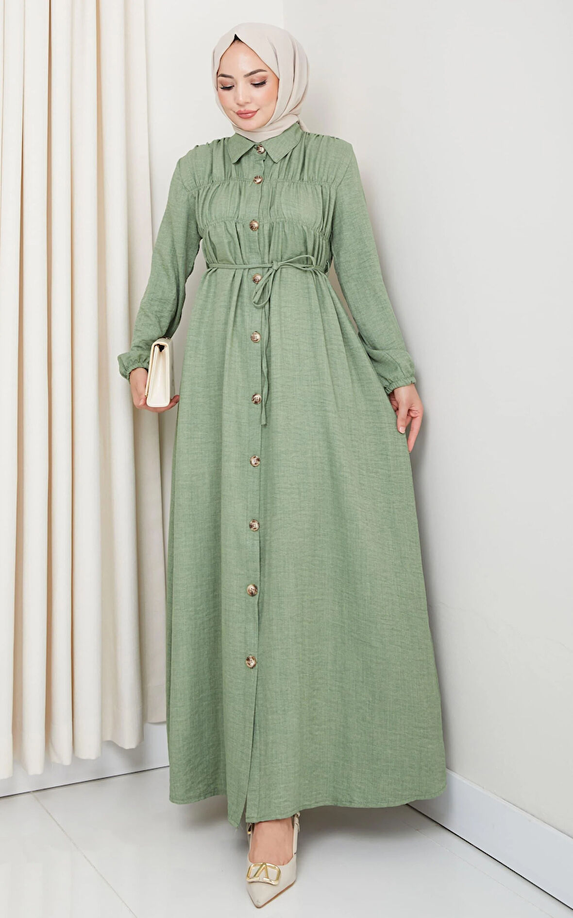 Kadın Büzgü Detaylı Kuşaklı Düğmeli Haki Elbise
