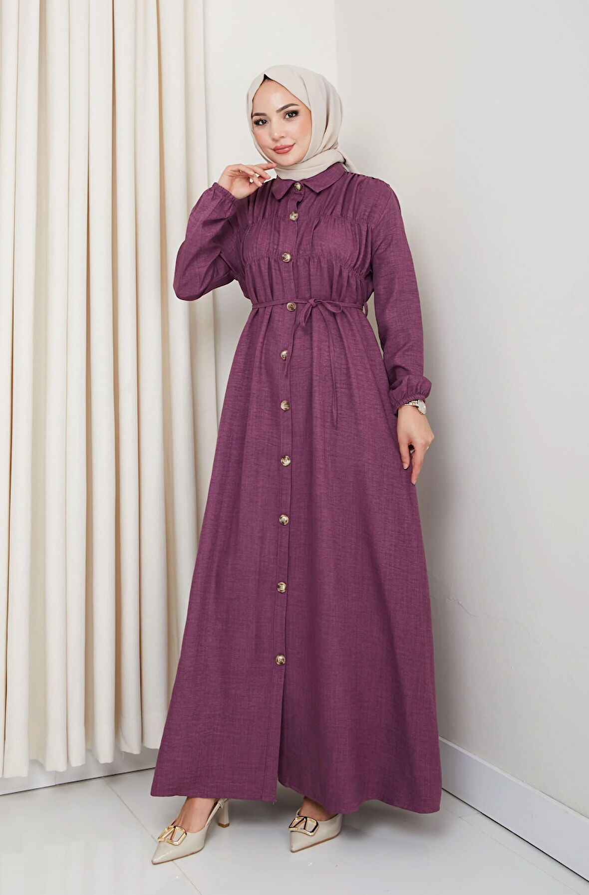 Kadın Büzgü Detaylı Kuşaklı Düğmeli Mor Elbise