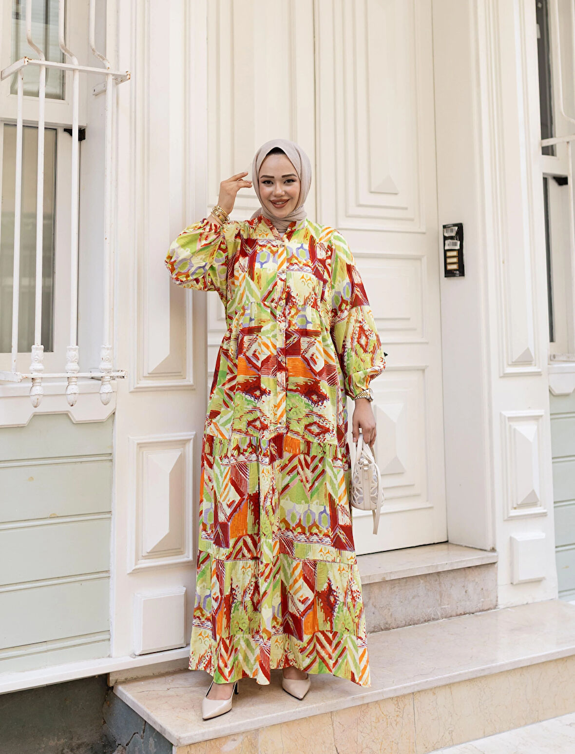 Kadın Desenli Viskon Düğmeli Haki Elbise