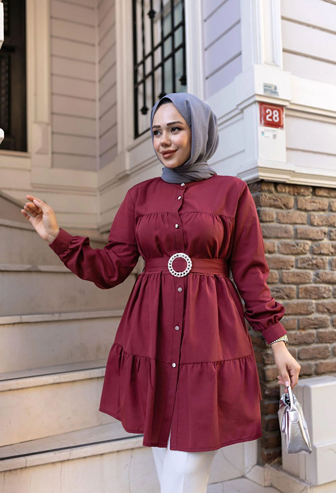 Kadın Düğmeli Kemer Detaylı Mor Gömlek