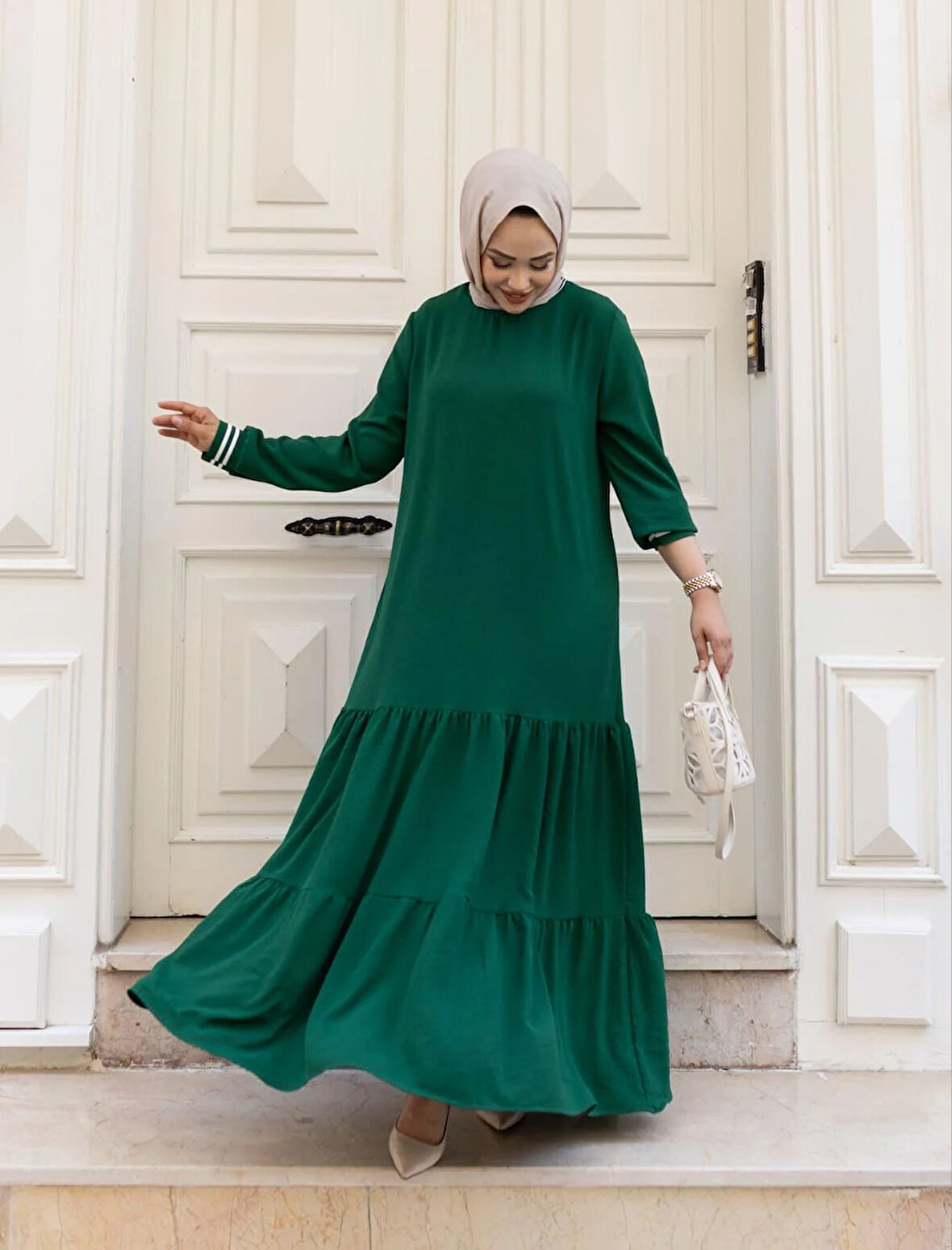 Kadın Kat Kat Ribanalı Yeşil Tesettür Elbise
