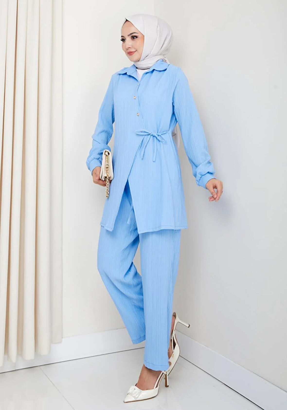 Kadın Kuşaklı Düğmeli Çilek Kumaş Mavi İkili Takım