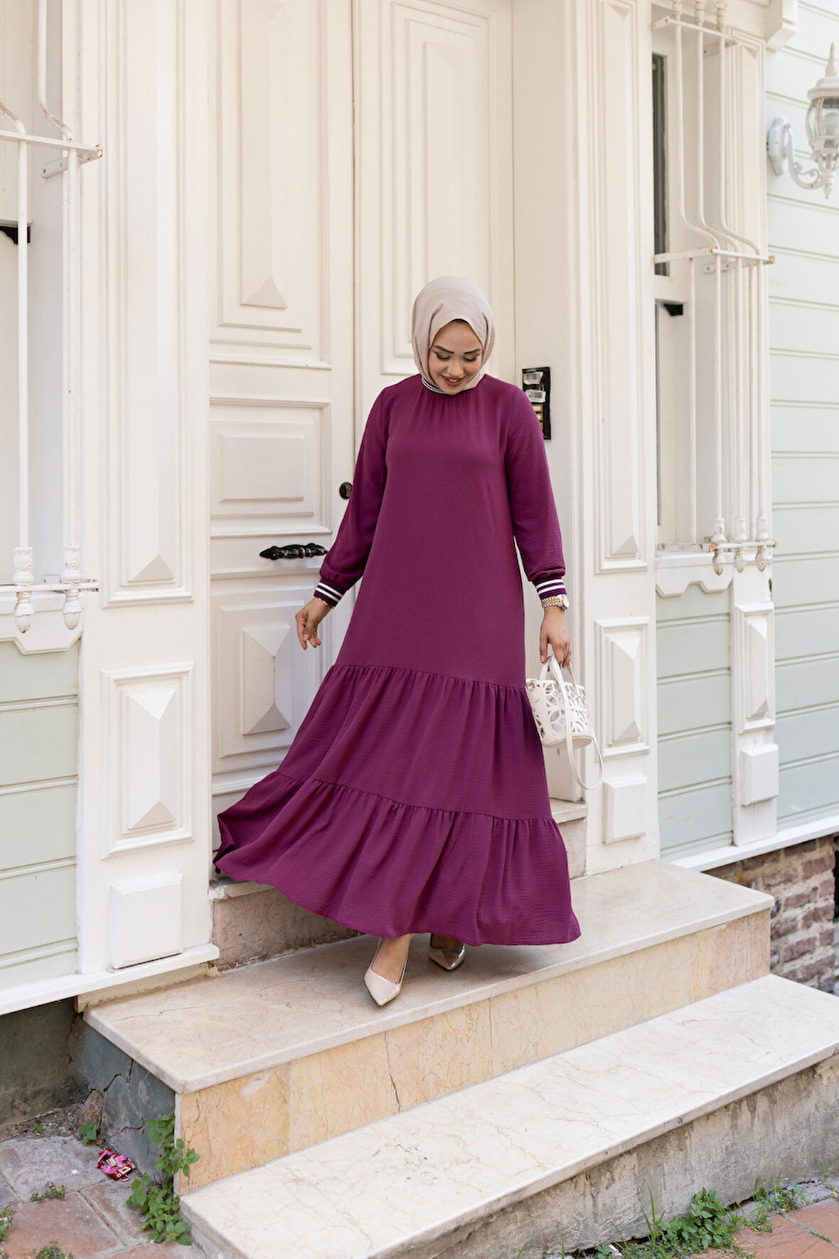 Kadın Kat Kat Ribanalı Fuşya Tesettür Elbise