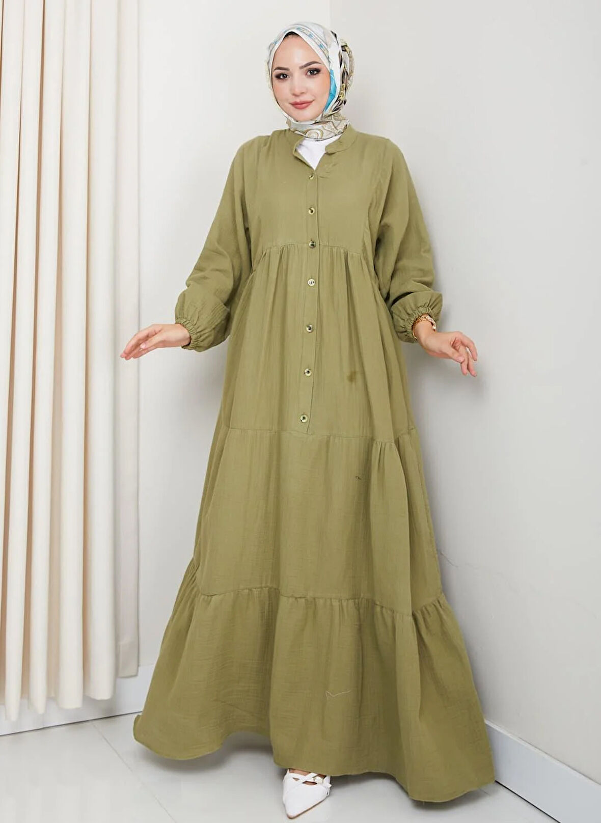 Kadın Düğmeli Kat Detaylı Haki Keten Elbise