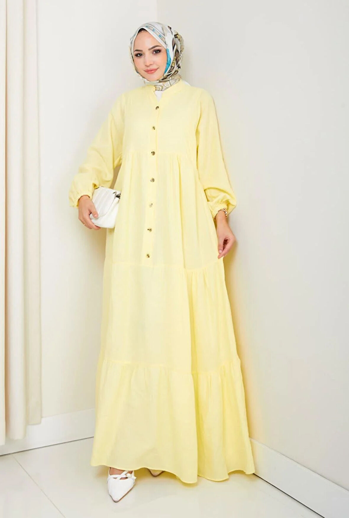 Kadın Düğmeli Kat Detaylı Sarı Keten Elbise