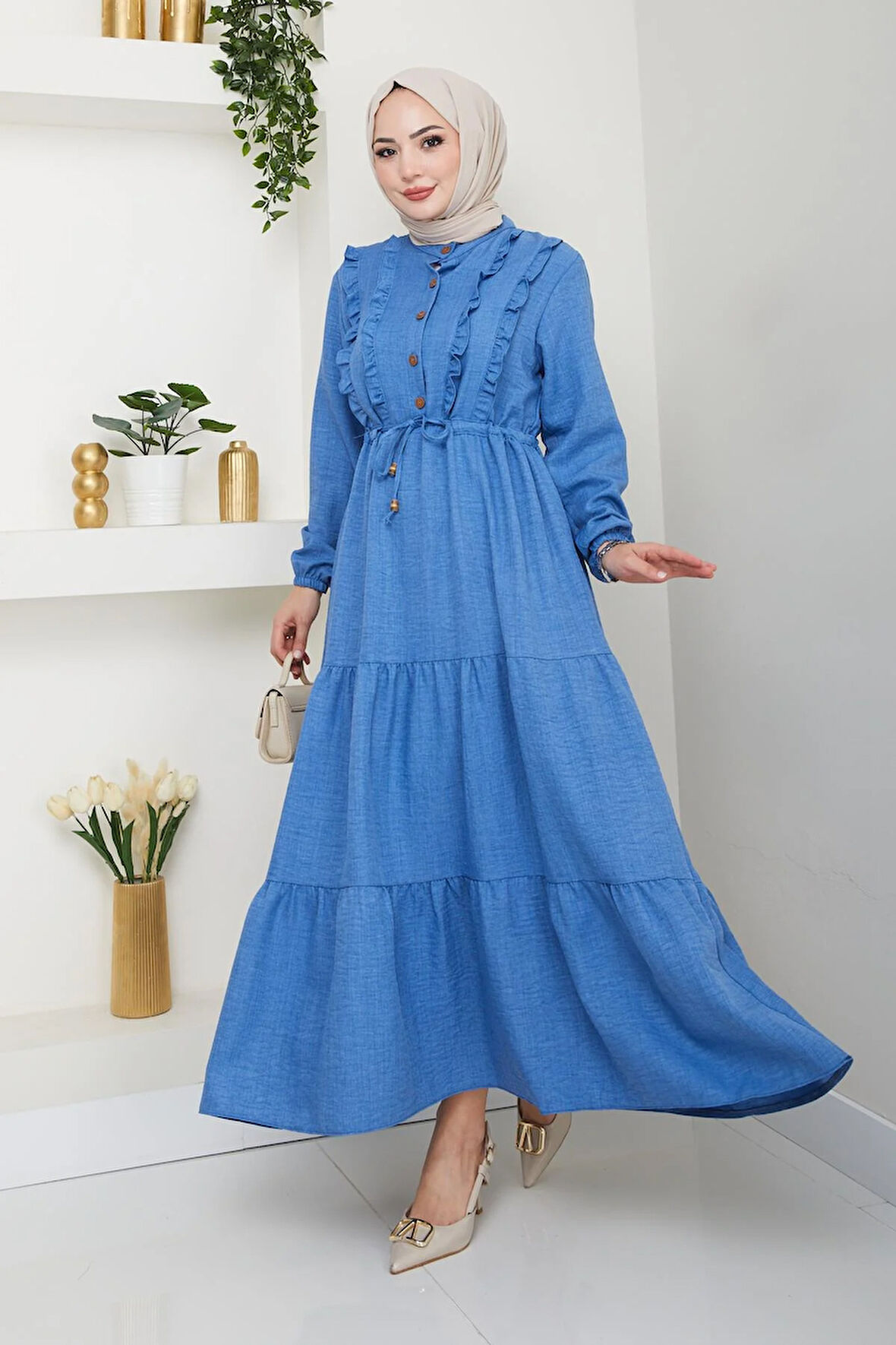 Kadın Fırfır Detaylı Düğmeli Mavi Keten Elbise