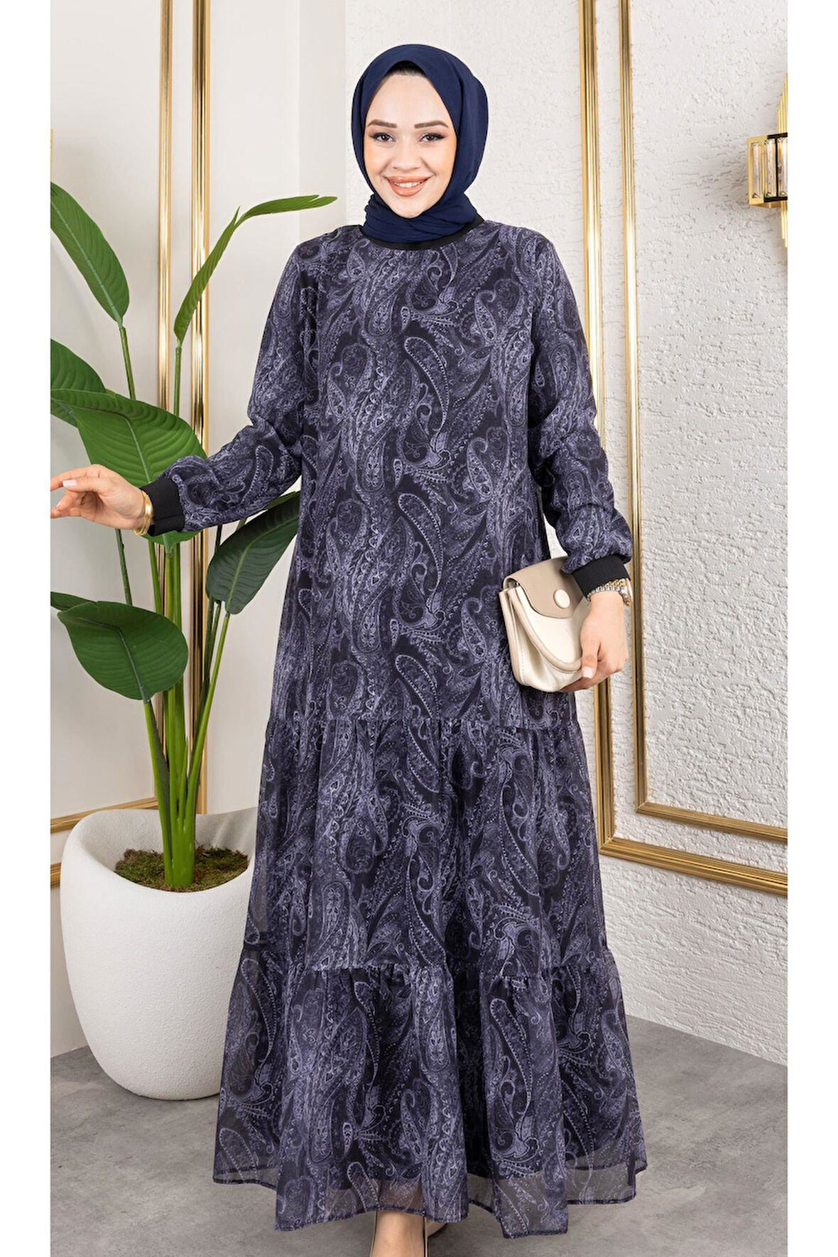 Kadın Astarlı Şifon Desenli Elbise