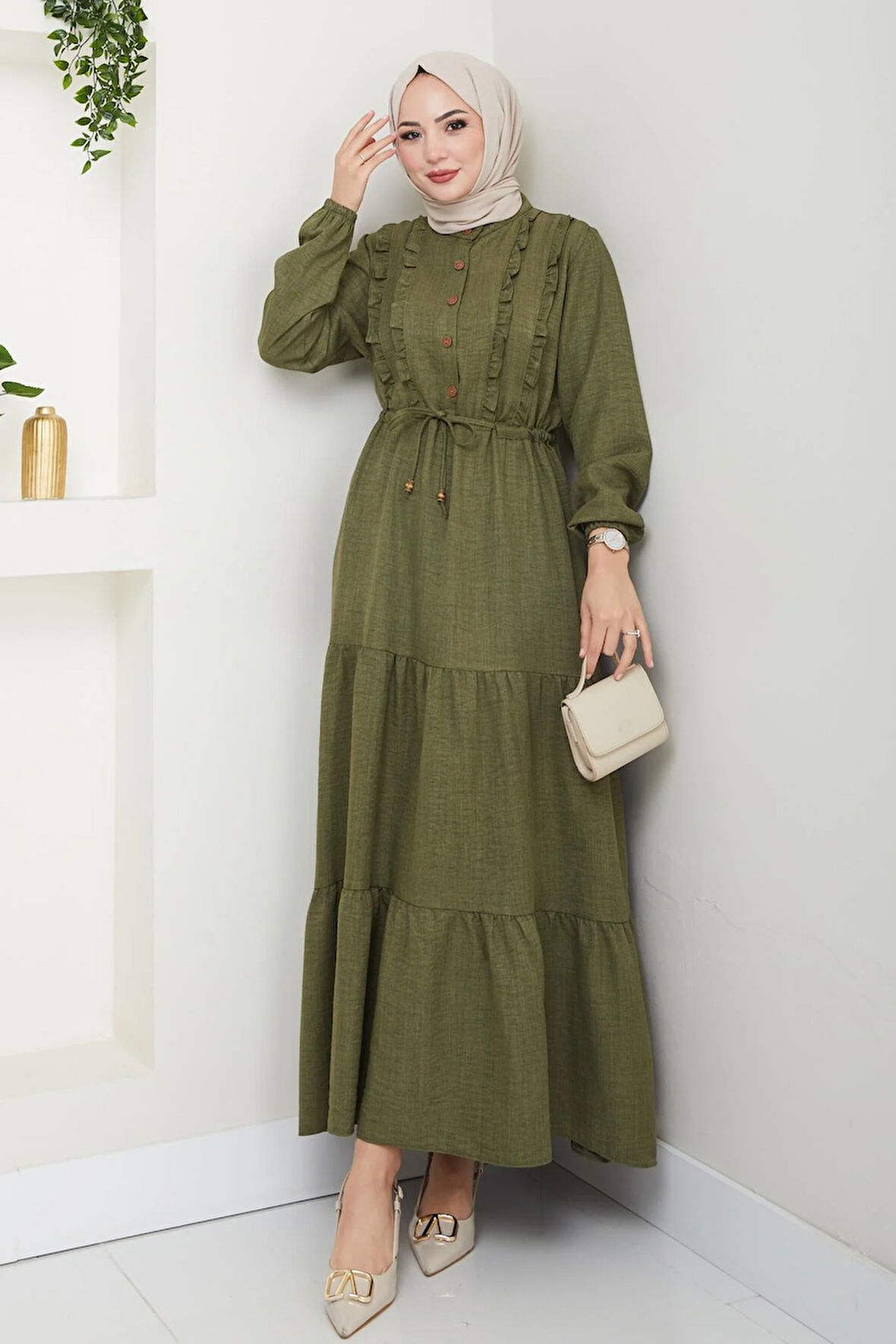Kadın Fırfır Detaylı Düğmeli Haki Keten Elbise