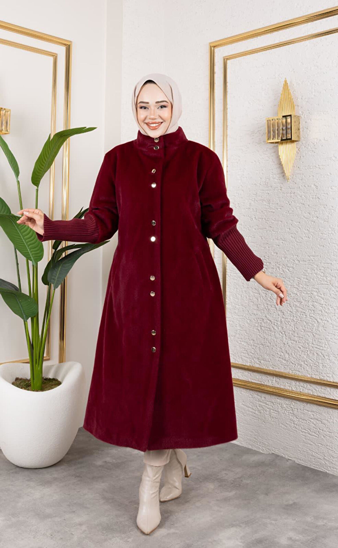 Kadın Astarlı Angora Düğmeli Bordo Kaban