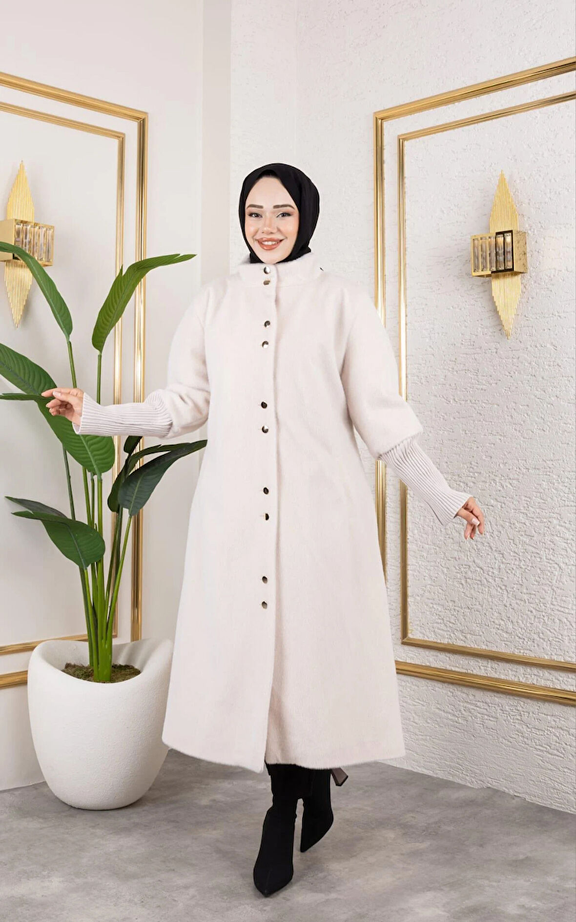 Kadın Astarlı Angora Düğmeli Vizyon Kaban