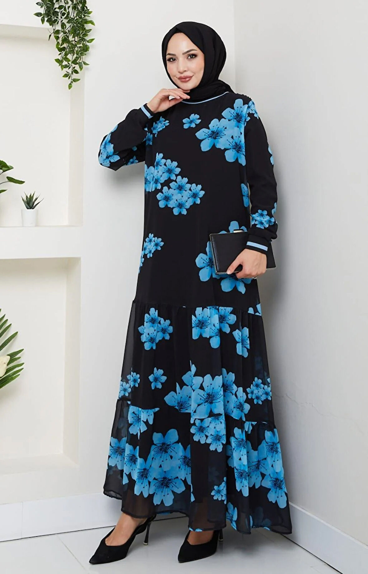 Kadın Astarlı Mavi Şifon Çiçek Desenli Elbise