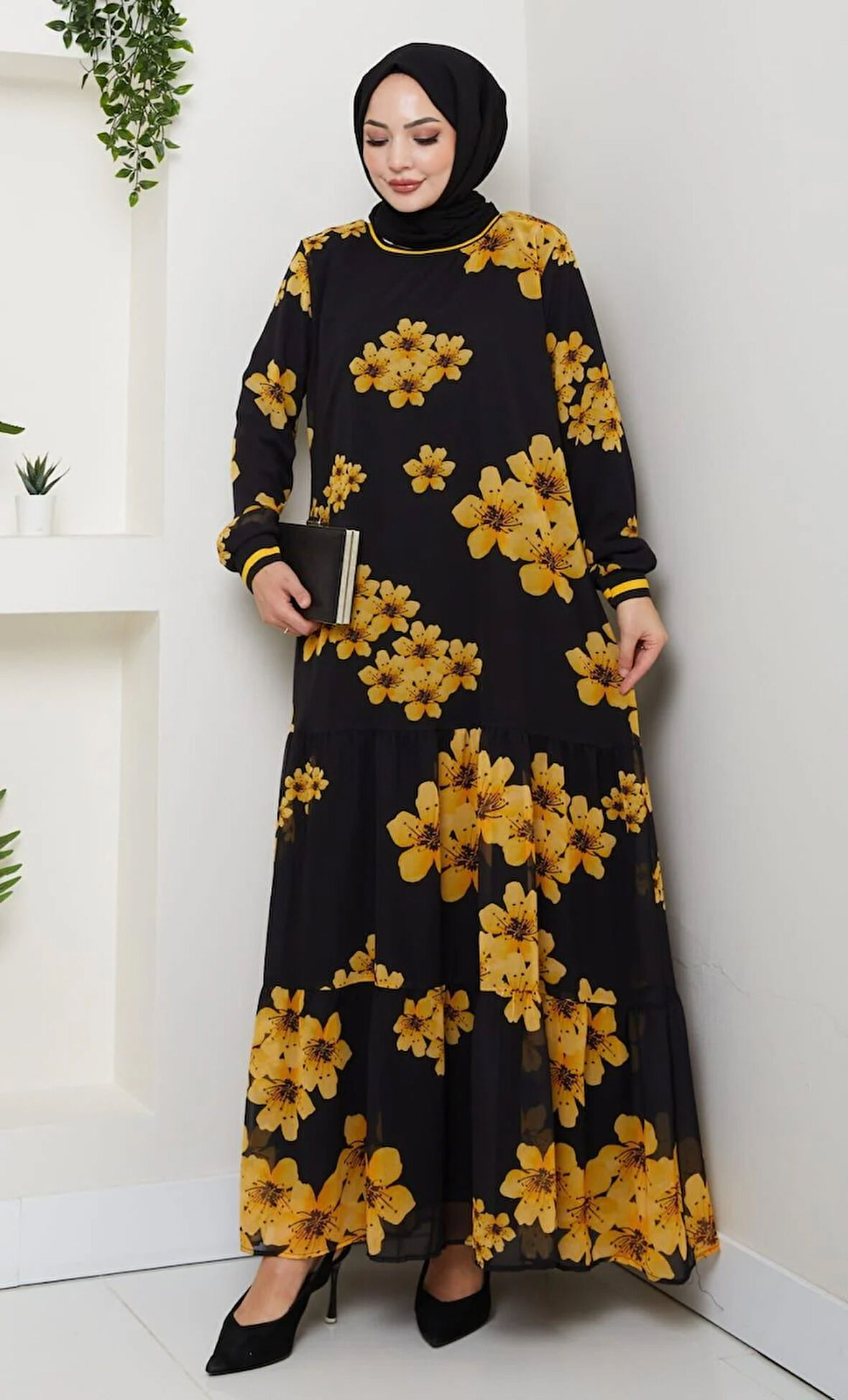 Kadın Astarlı Sarı Şifon Çiçek Desenli Elbise