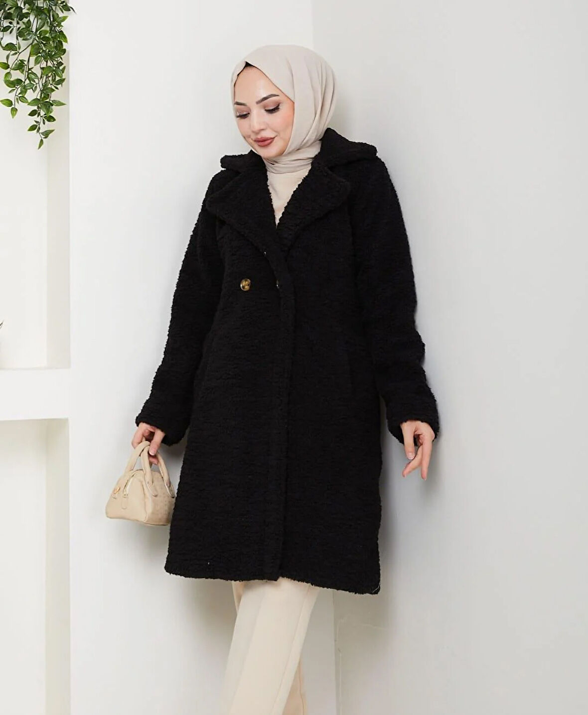 Kadın Kürk Kumaş Astarlı Düğmeli Siyah Kaban