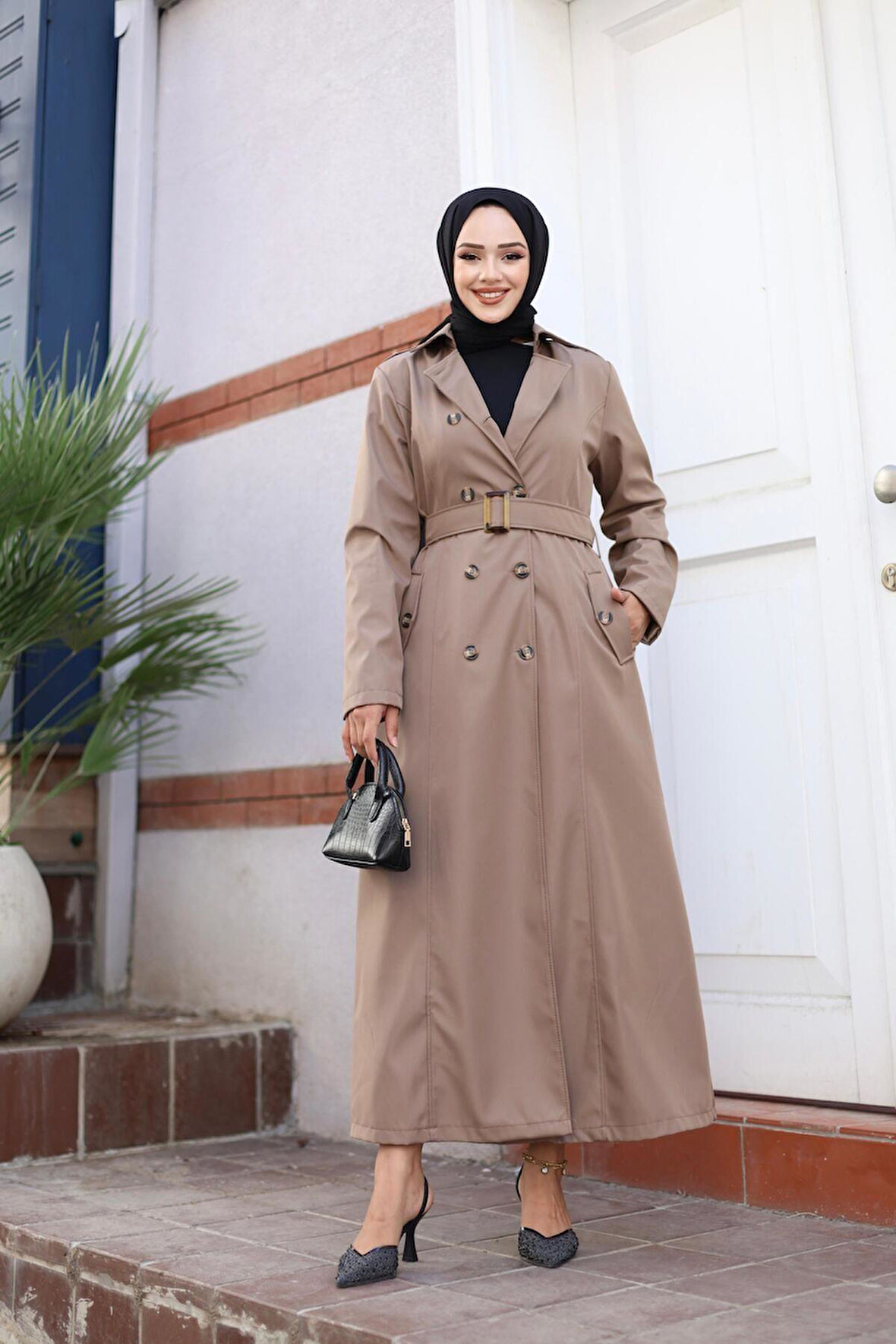 Kadın Düğmeli Kemerli Trençkot