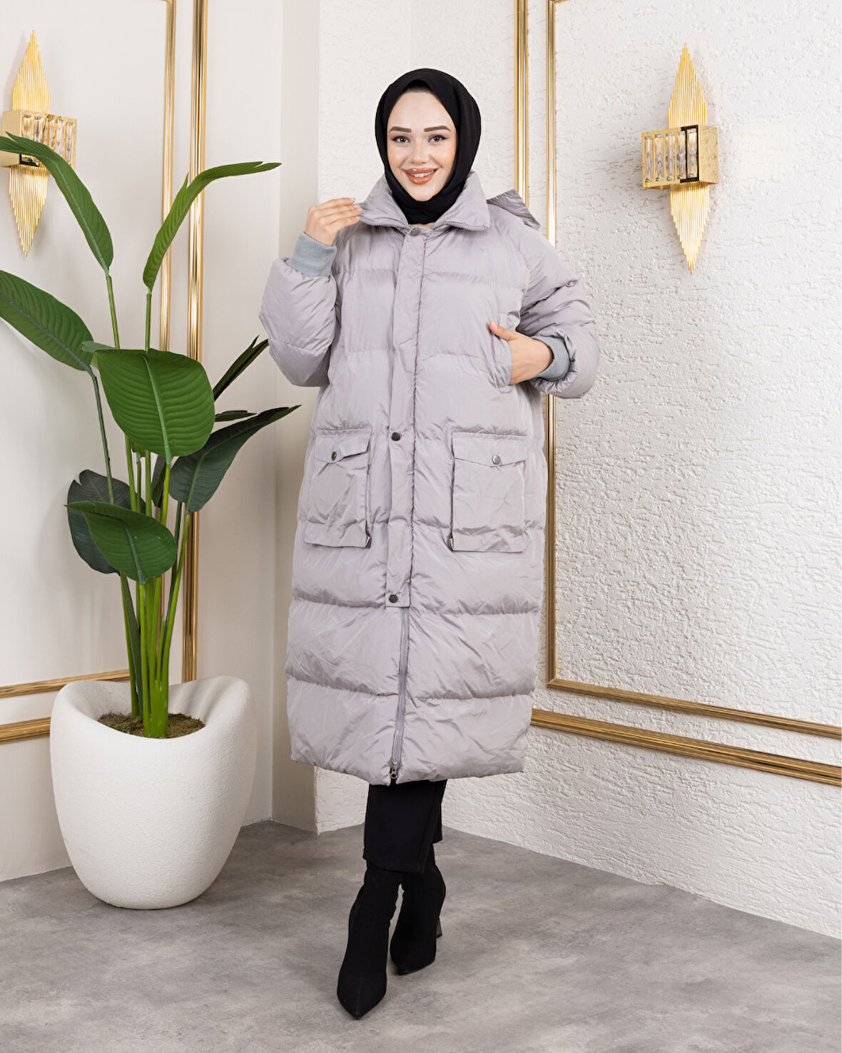 Kadın Kapüşonlu Fermuarlı Cepli Uzun Gri Mont