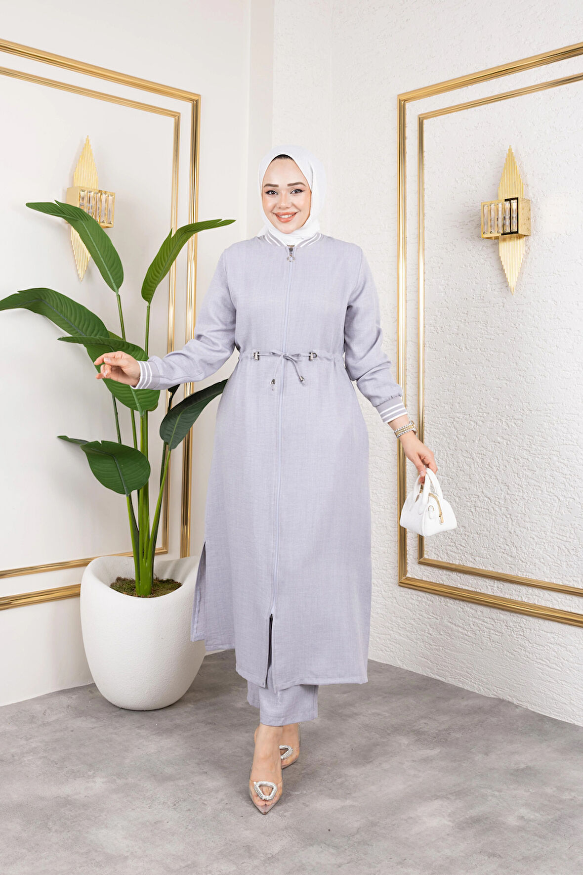 Kadın Ribanalı Fermuarlı Gri Keten İkili Takım 