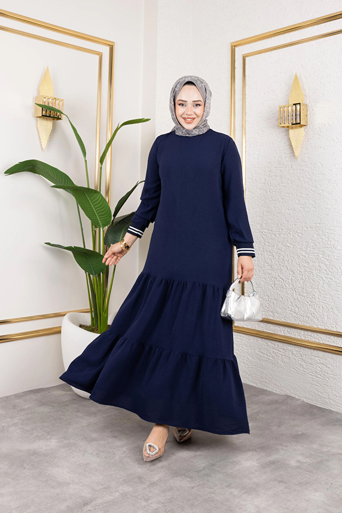 Kadın Kat Kat Ribanalı Lacivert Tesettür Elbise