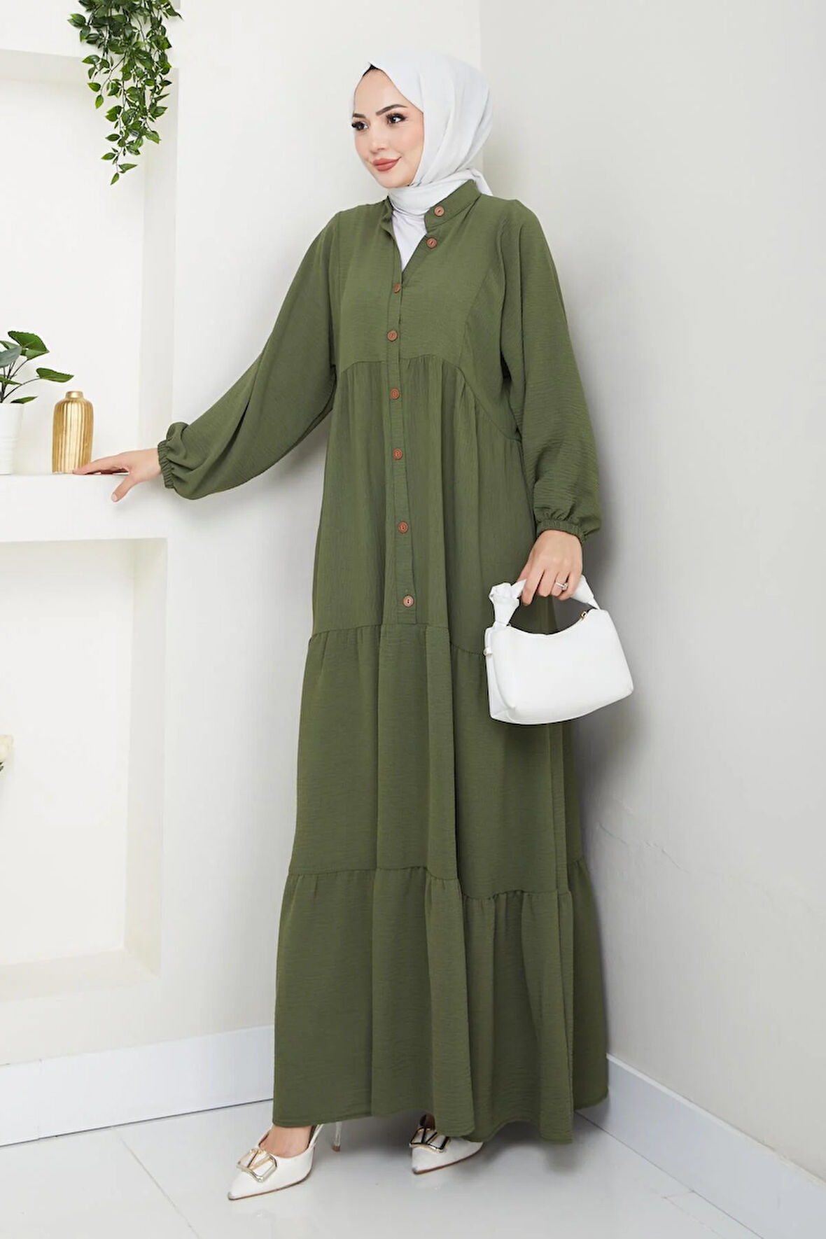 Kadın Düğmeli Haki Ayrobin Elbise