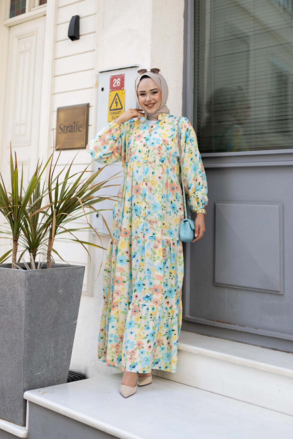 Kadın Düğmeli Desenli Yeşil Modal Elbise