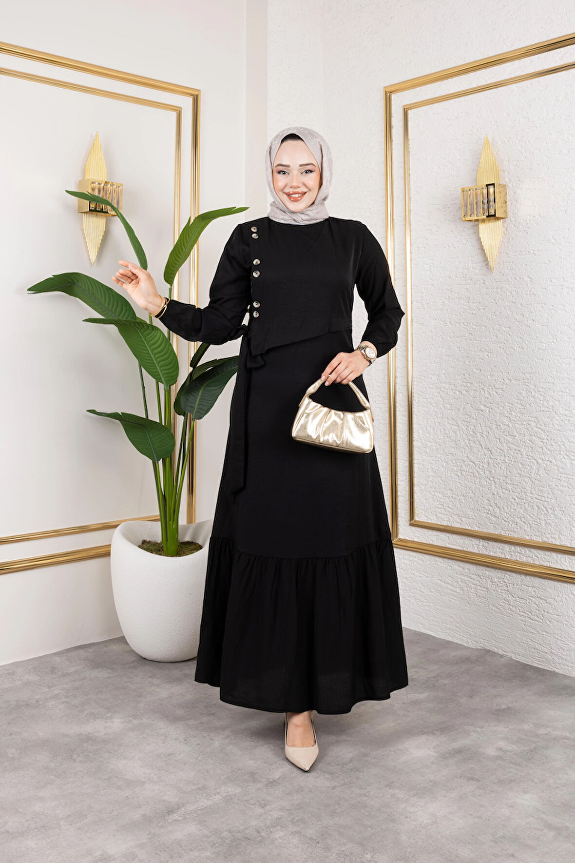 Kadın Bağlama Detaylı Çilek Kumaş Siyah Elbise