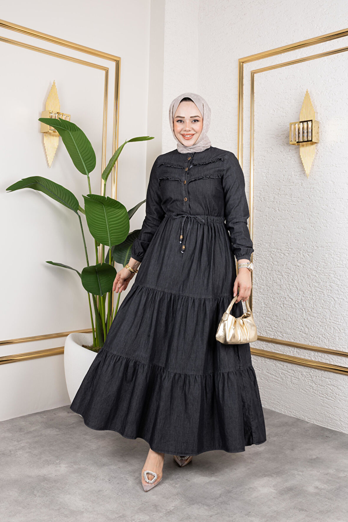 Kadın Belden Sıkmalı Fır Fırlı Kot Elbise