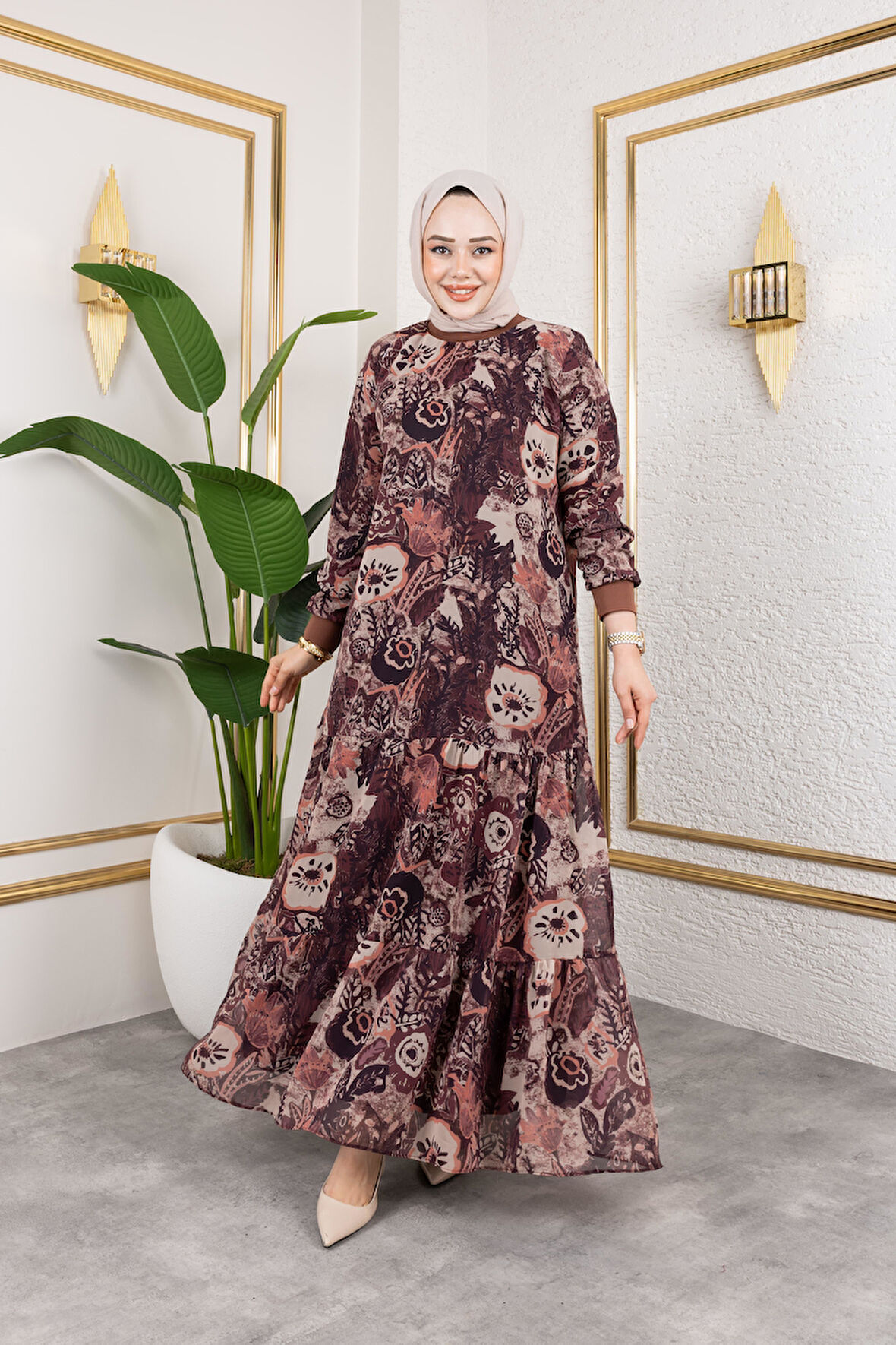 Kadın Astarlı Şifon Desenli Elbise