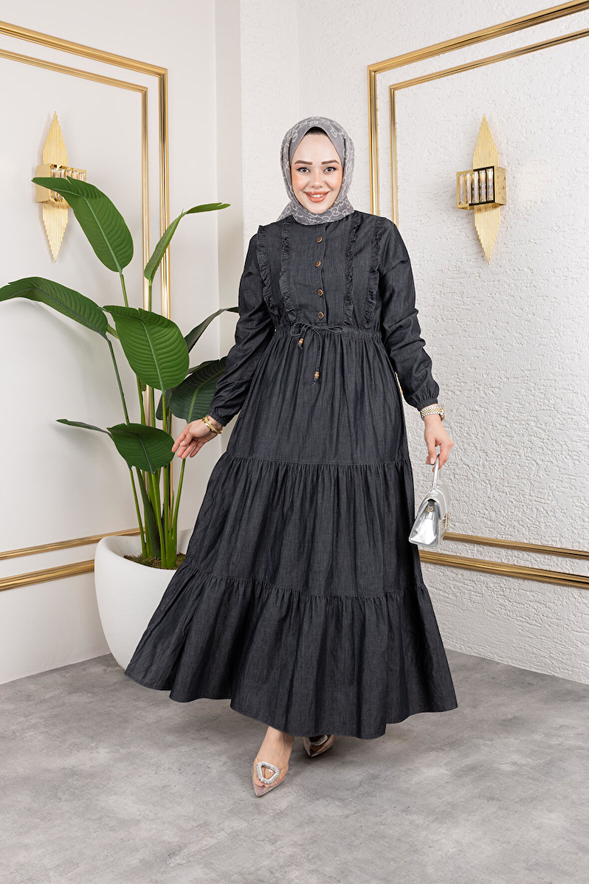 Kadın Düğme Detaylı Fırfırlı Kot Elbise