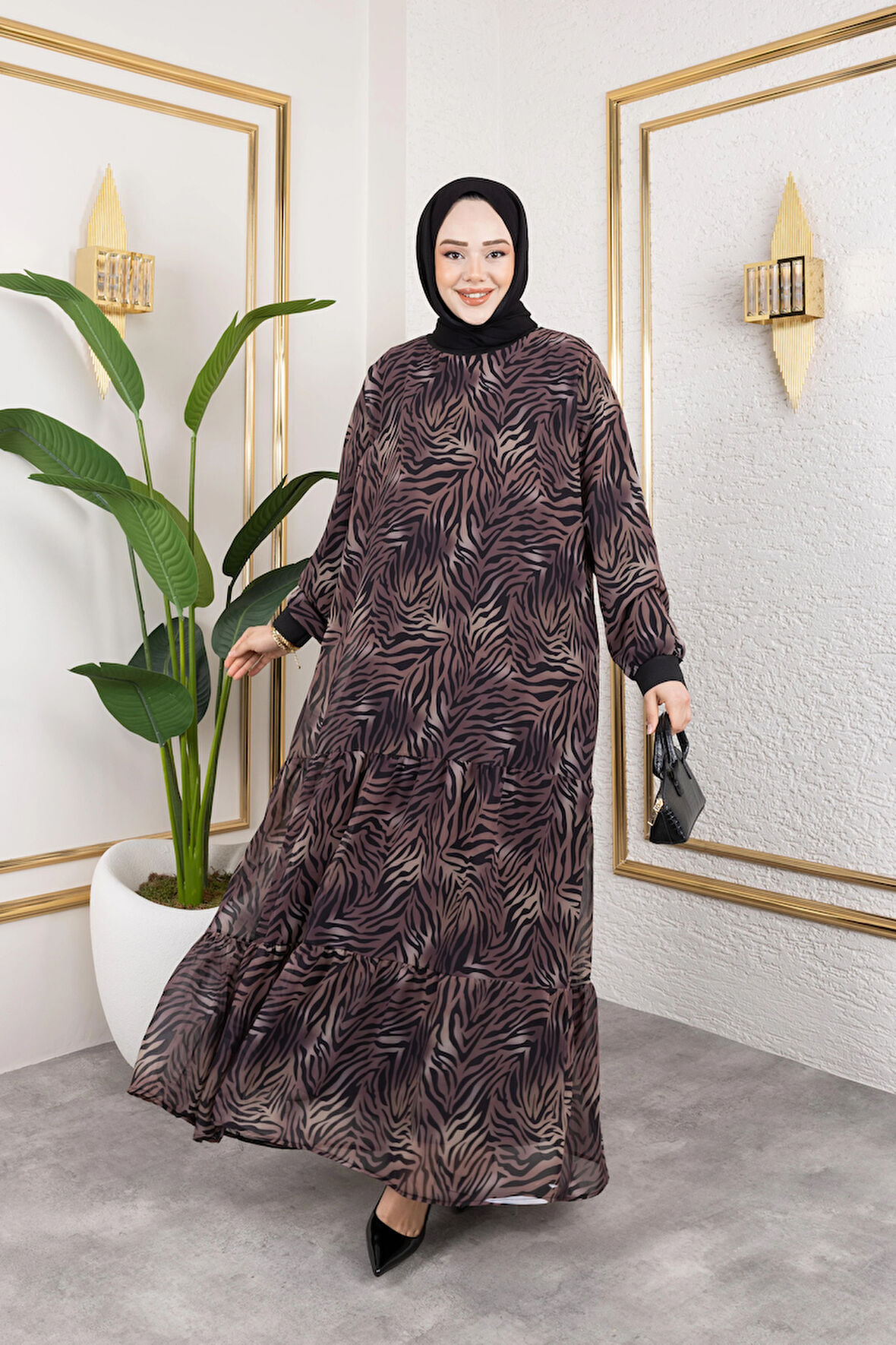 Kadın Astarlı Şifon Desenli Elbise