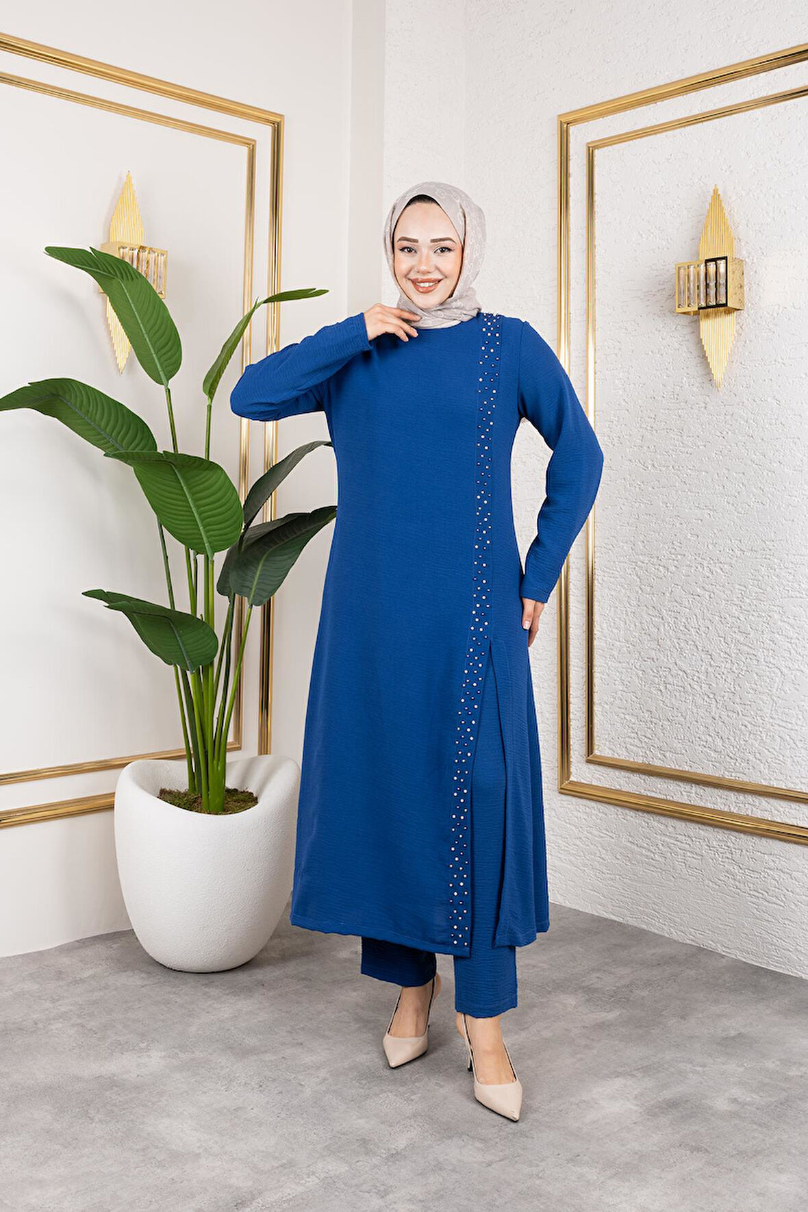 İnci Detaylı Tesettür İkili Takım Mavi