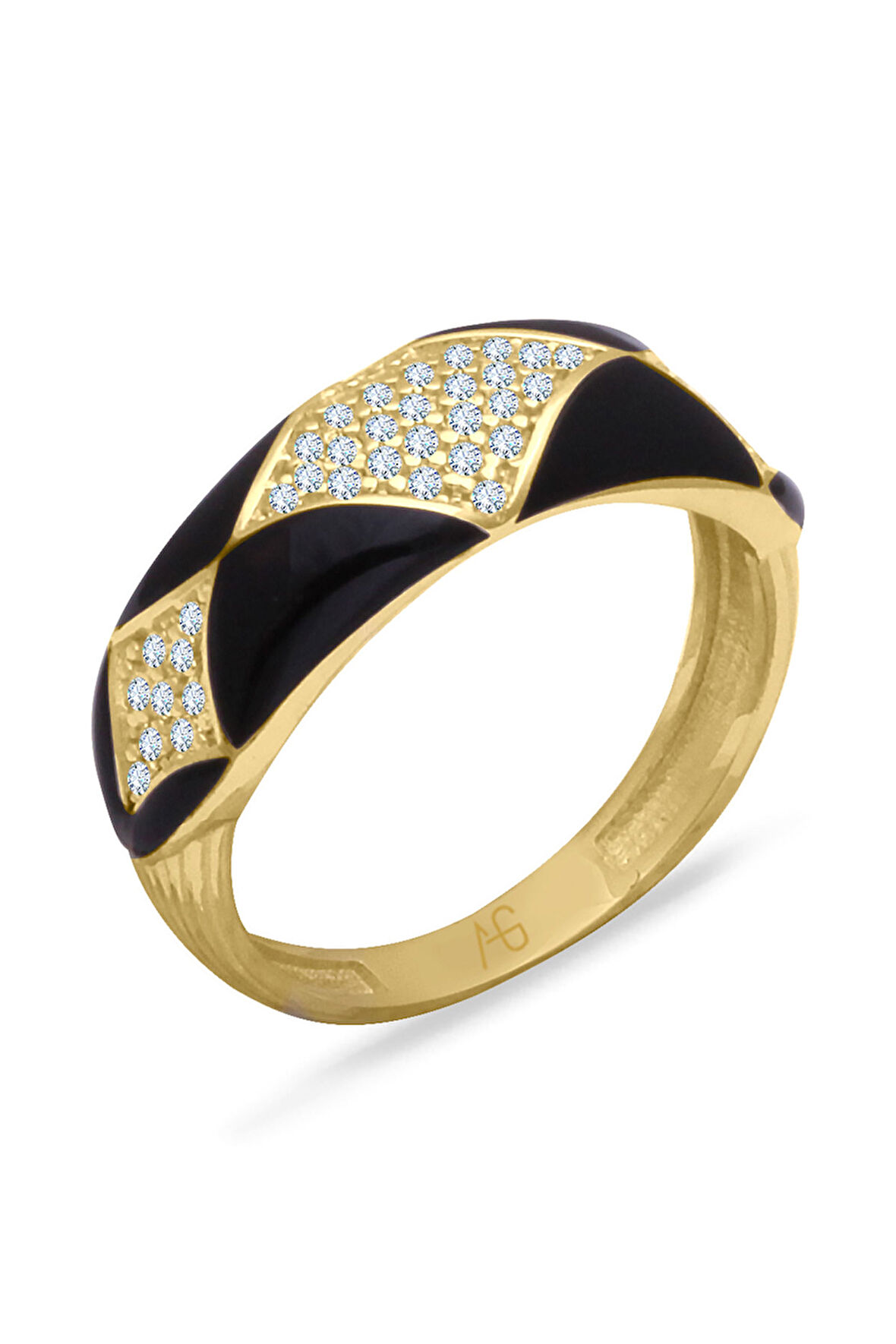 Sarı Altın Siyah Mineli Bombeli Altın Kombin Yüzük