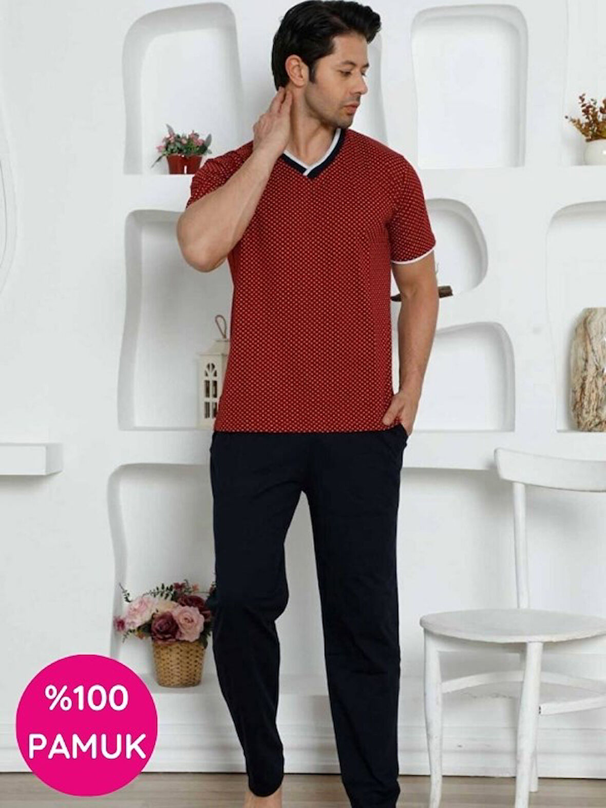 Erkek Desenli V Yaka Düğmesiz %100 Pamuk Kısa Kol Cepli Pijama Takımı