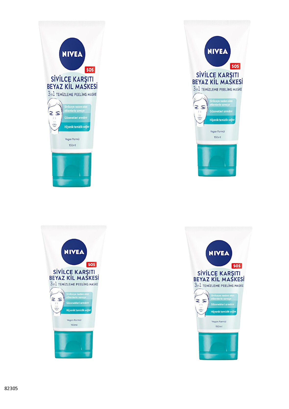 82305 NIVEA SİVİLCE KARŞITI 3'Ü 1 ARADA BEYAZ KİL MASKESİ  4 ADET