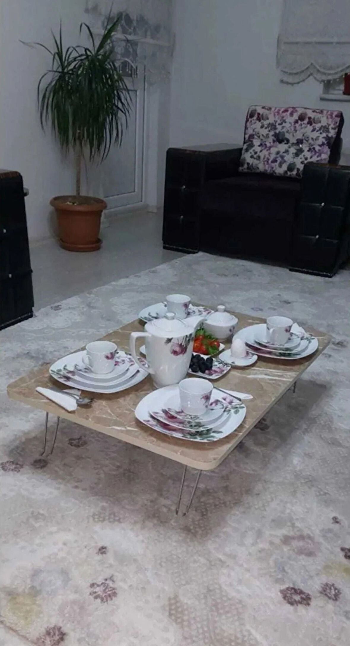 Ahşap Dikdörtgen Yer Sofrası-Hamur Açma Masası Kahverengi Mermer 70 x 120 cm