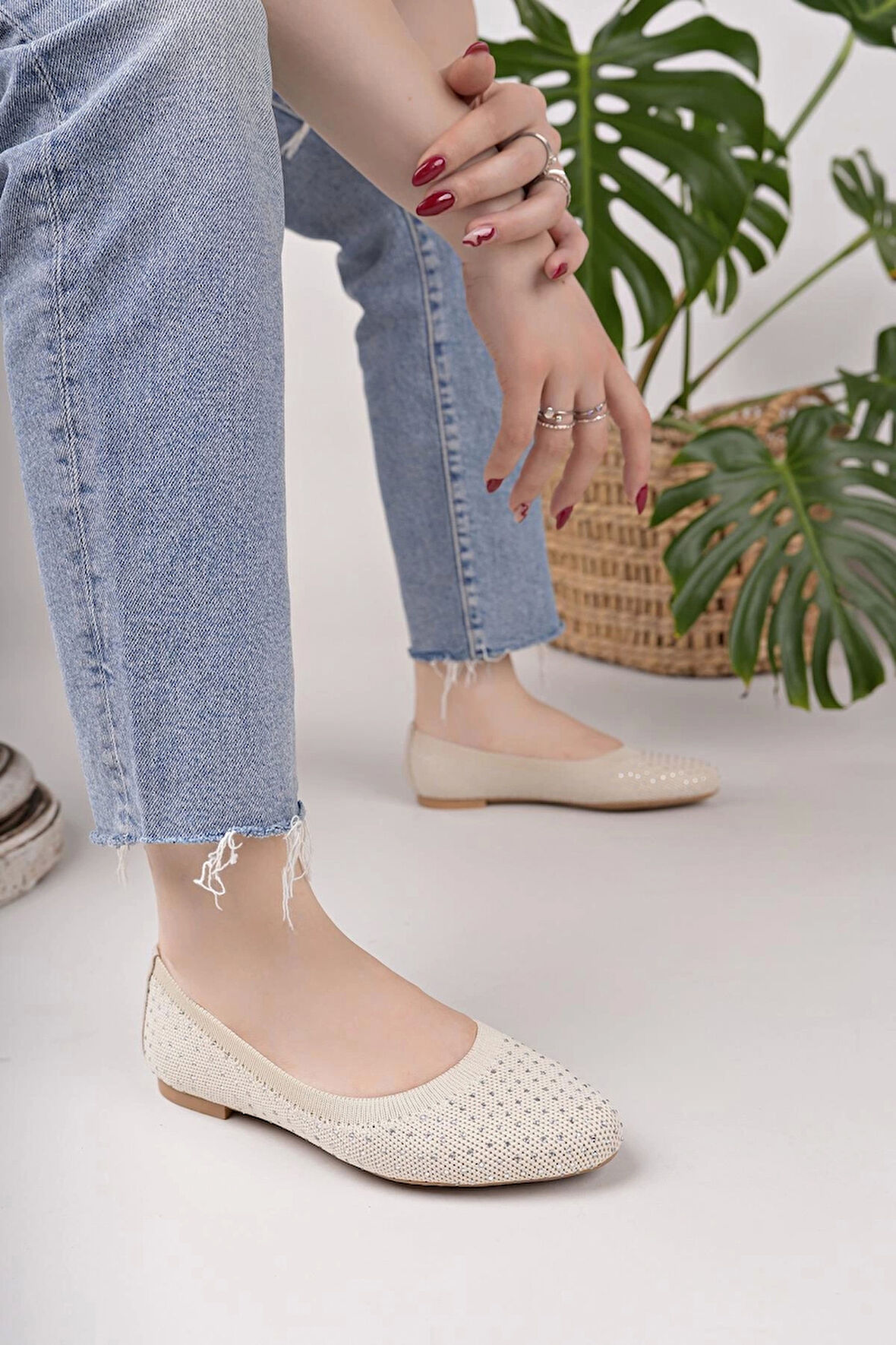 Nesil Shoes Sdf 243 Ten Triko Taşlı Kadın Babet