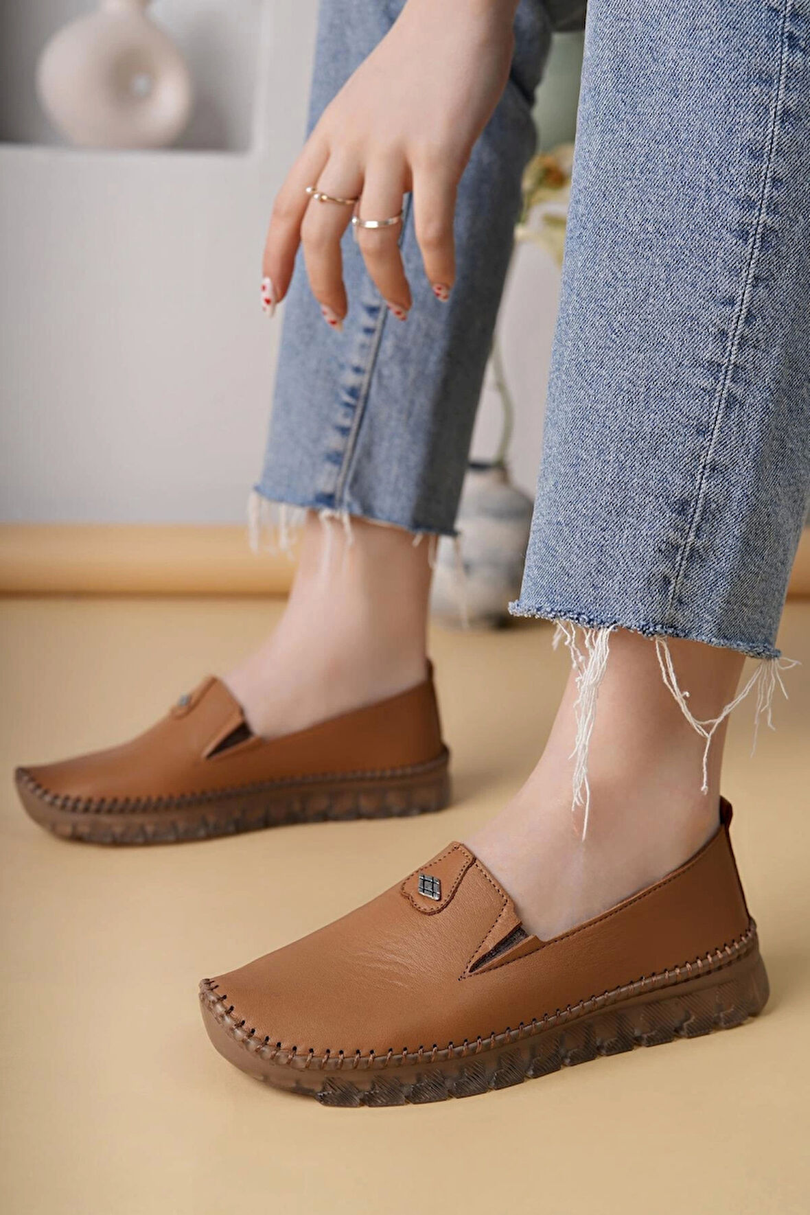 Nesil Shoes Knc 14 Taba Hakiki Deri Şeffaf Taban Kadın Ayakkabı