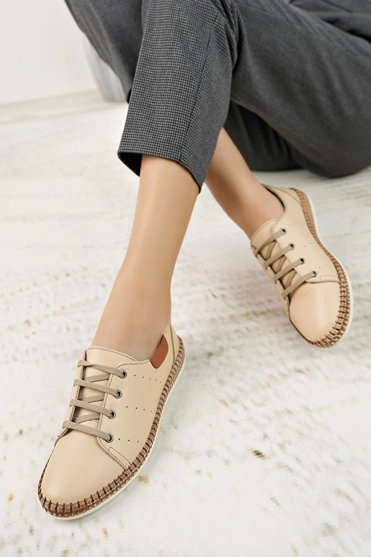 Nesil Shoes Syg P38 Bej Hakiki Deri Kadın Ayakkabı